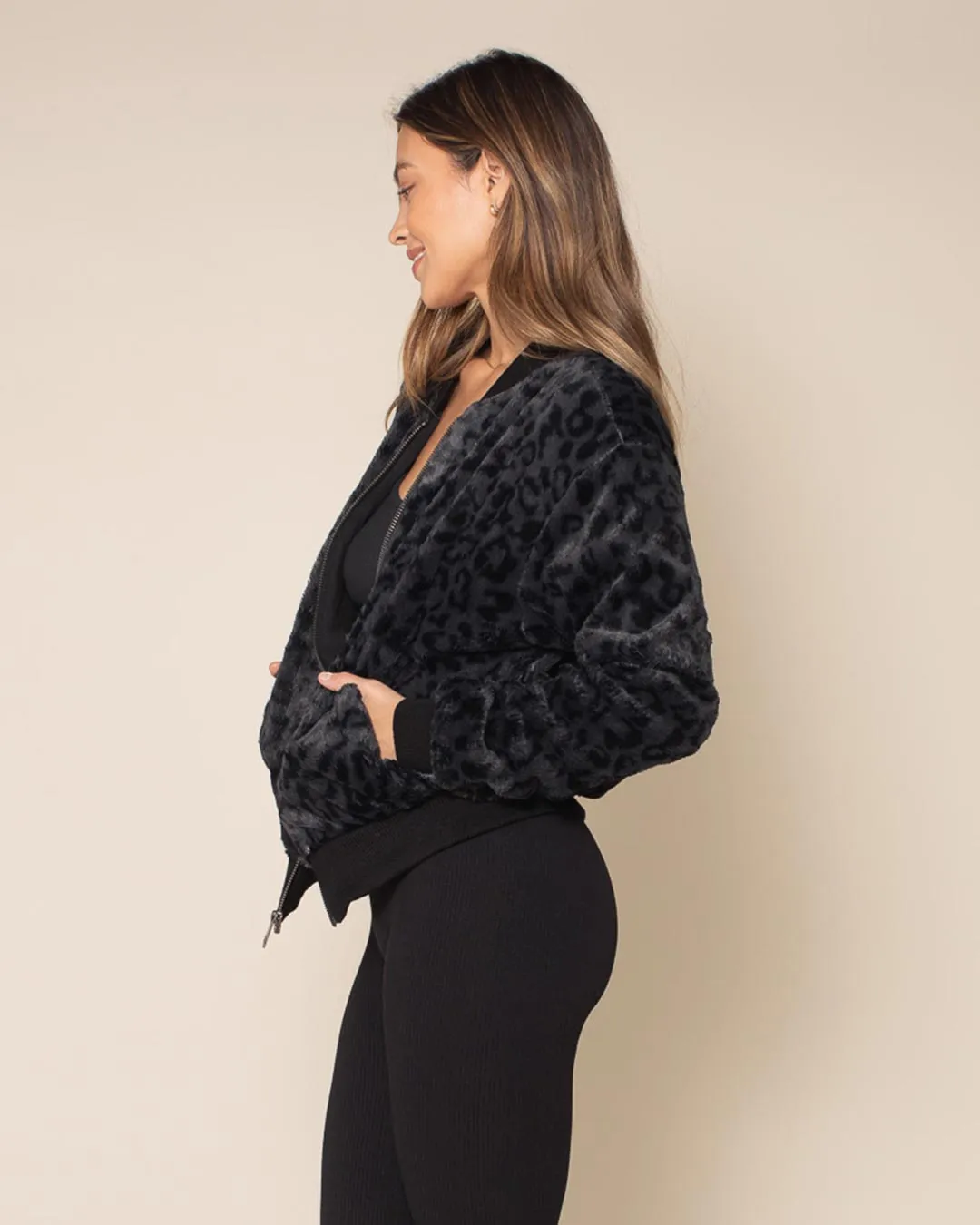 Slate Leopard ULTRA SOFT Faux Fur Bomber Jacket | Women's