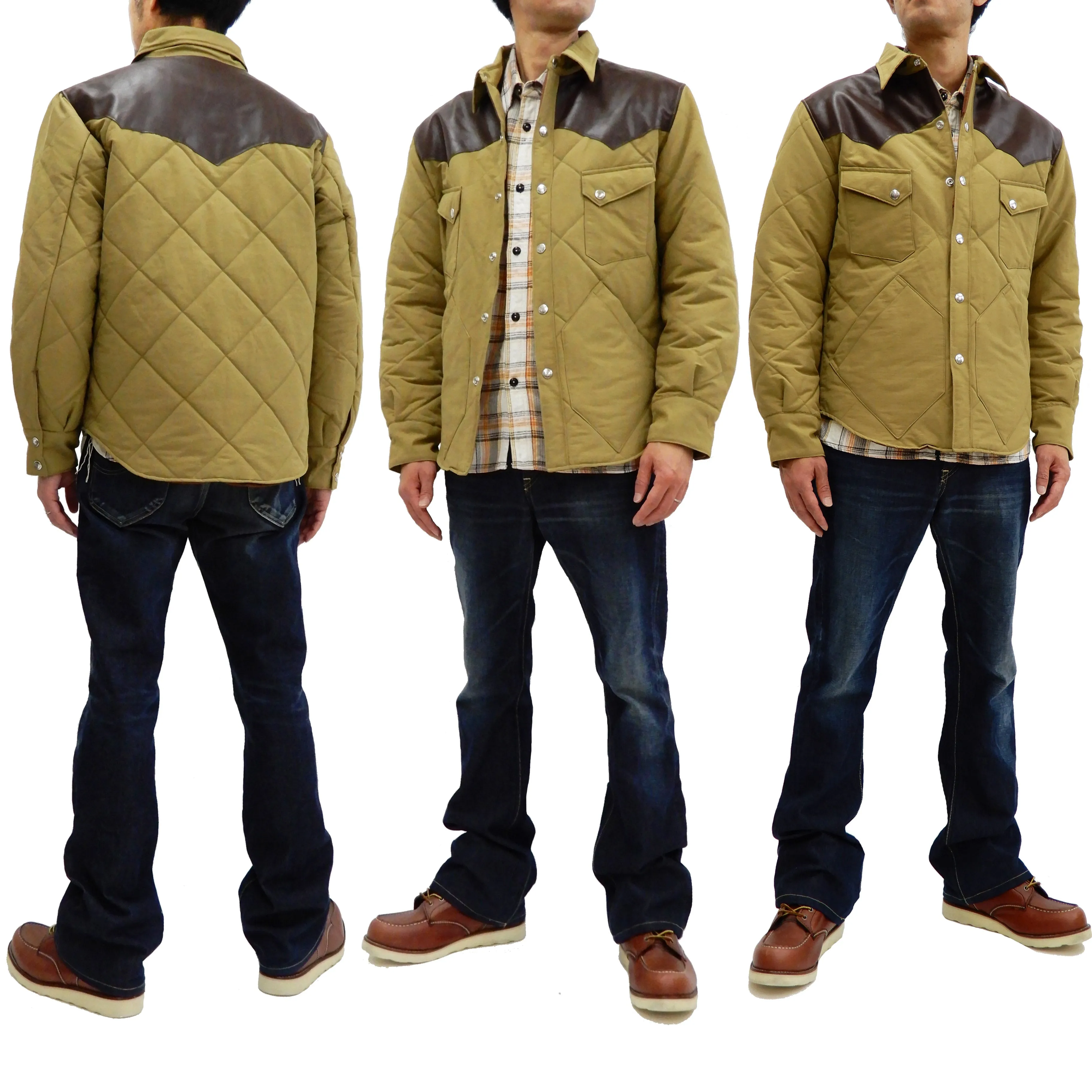 Sugar Cane Leather Yoke Padded Jacket Men's 60/40 Quilted Western Jacket SC14451 Beige/Brown