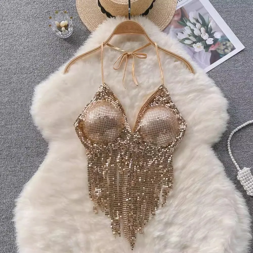 summer sexy design sequined halter top women's short tassel tube top      S4488