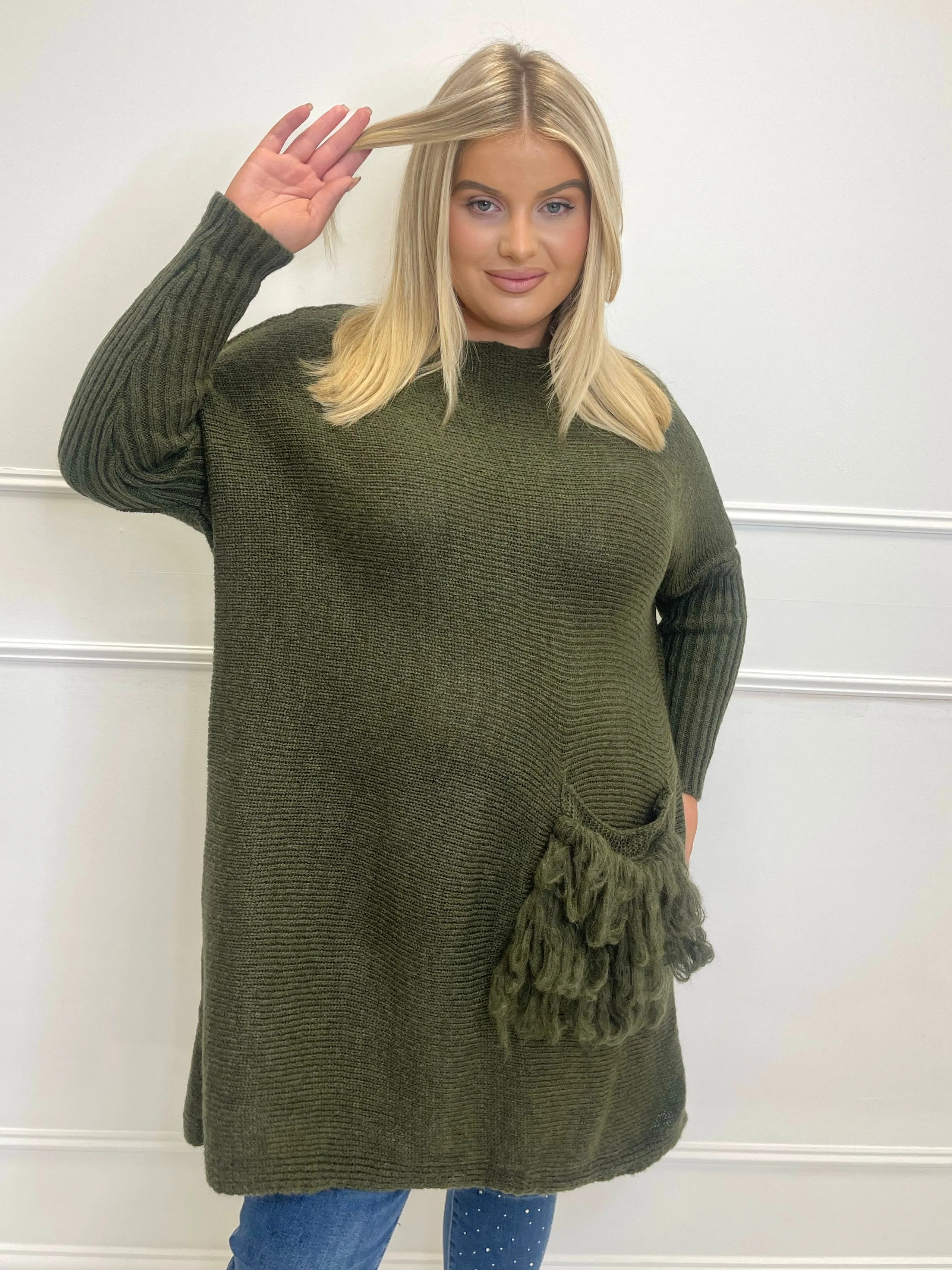 Tallulah Khaki Pocket Detail Jumper