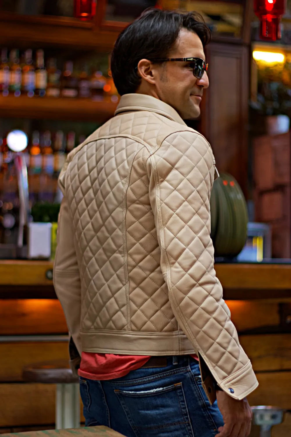 TENNESSEE Fancy Trucker Jacket in Raw Code Quilted Leather - Beige  -