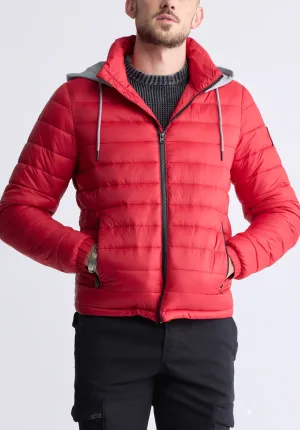 Vince Men’s Quilted Puffer Zip-Up Jacket with Contrasting Hoodie, Red - OBMFE003