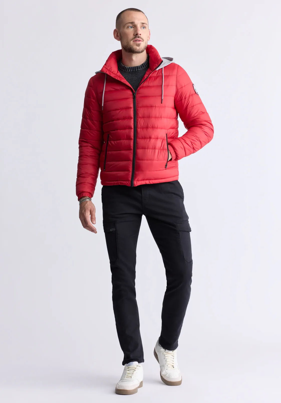 Vince Men’s Quilted Puffer Zip-Up Jacket with Contrasting Hoodie, Red - OBMFE003