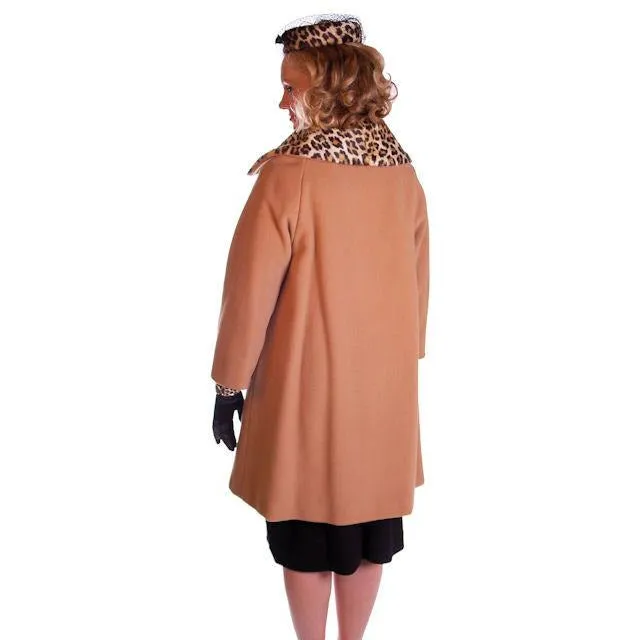 Vintage Camel/Faux Leopard Trim/Lined Coat Kilimanjaro 1970S M-L