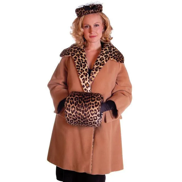 Vintage Camel/Faux Leopard Trim/Lined Coat Kilimanjaro 1970S M-L