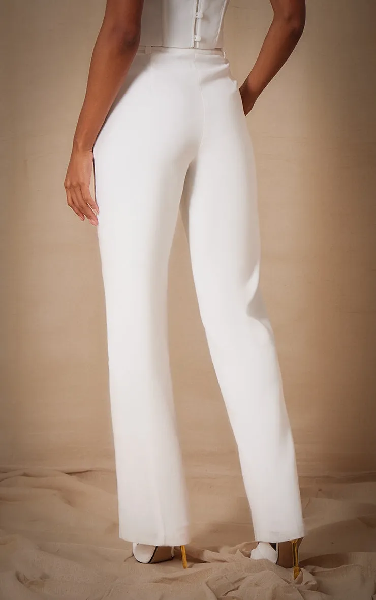 White Woven Pintuck Straight Leg Trousers