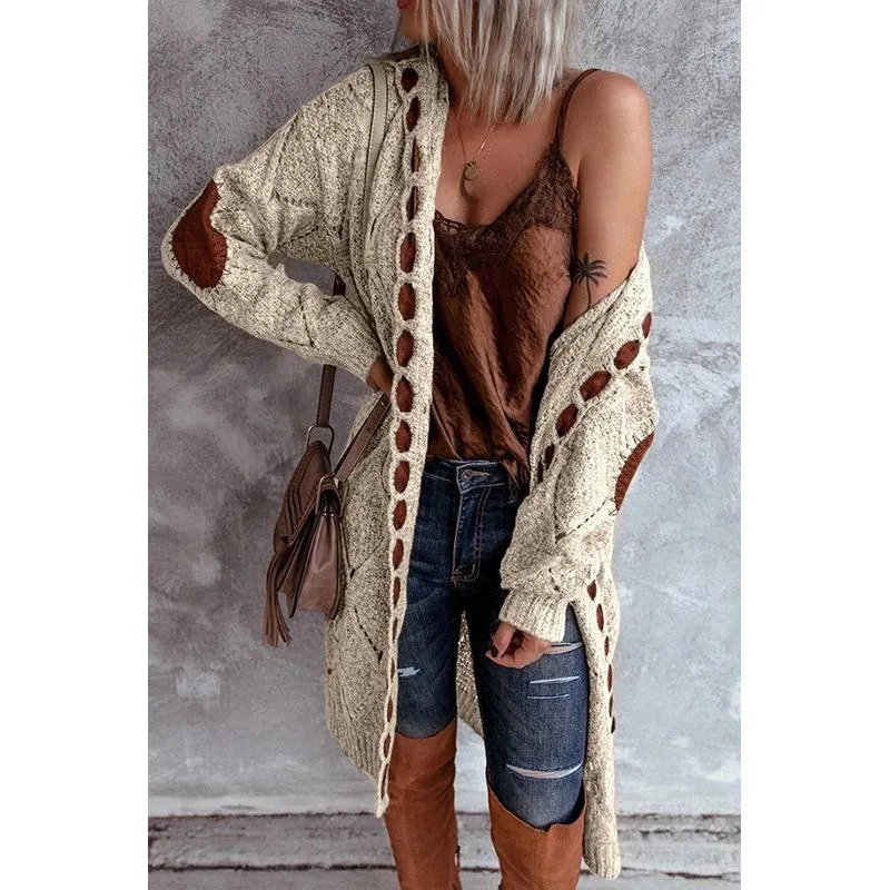 Women hooded patterned long sleeve knitted long cardigan