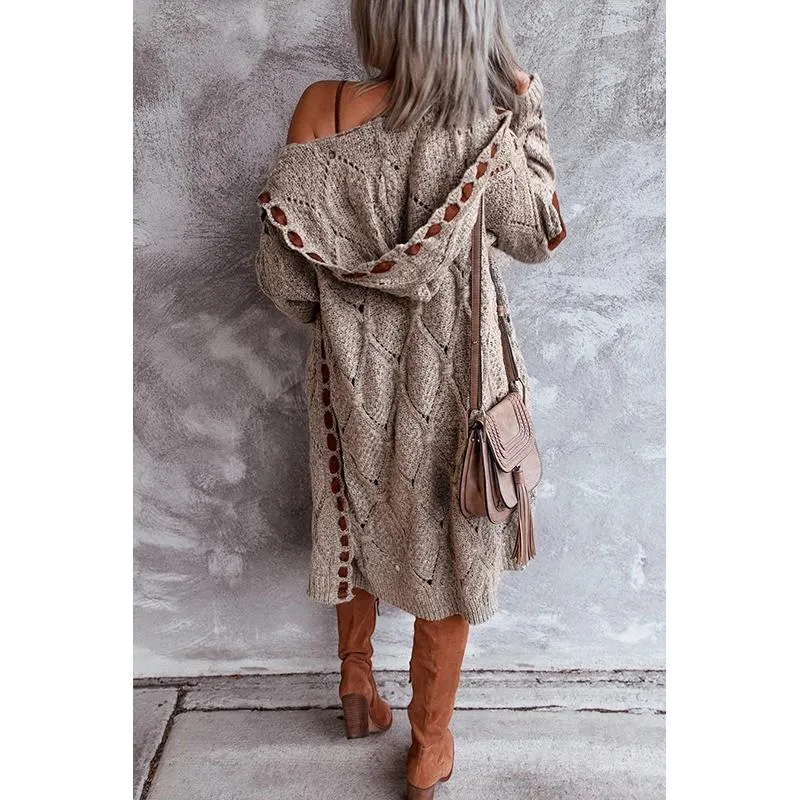 Women hooded patterned long sleeve knitted long cardigan