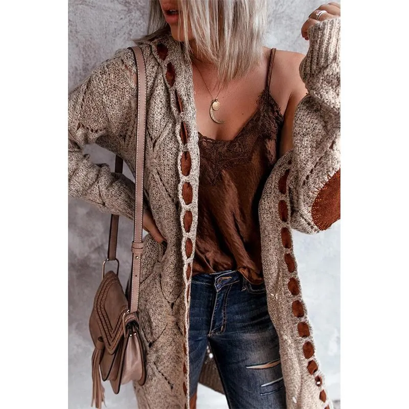 Women hooded patterned long sleeve knitted long cardigan