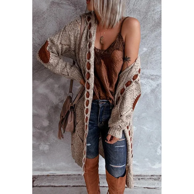 Women hooded patterned long sleeve knitted long cardigan