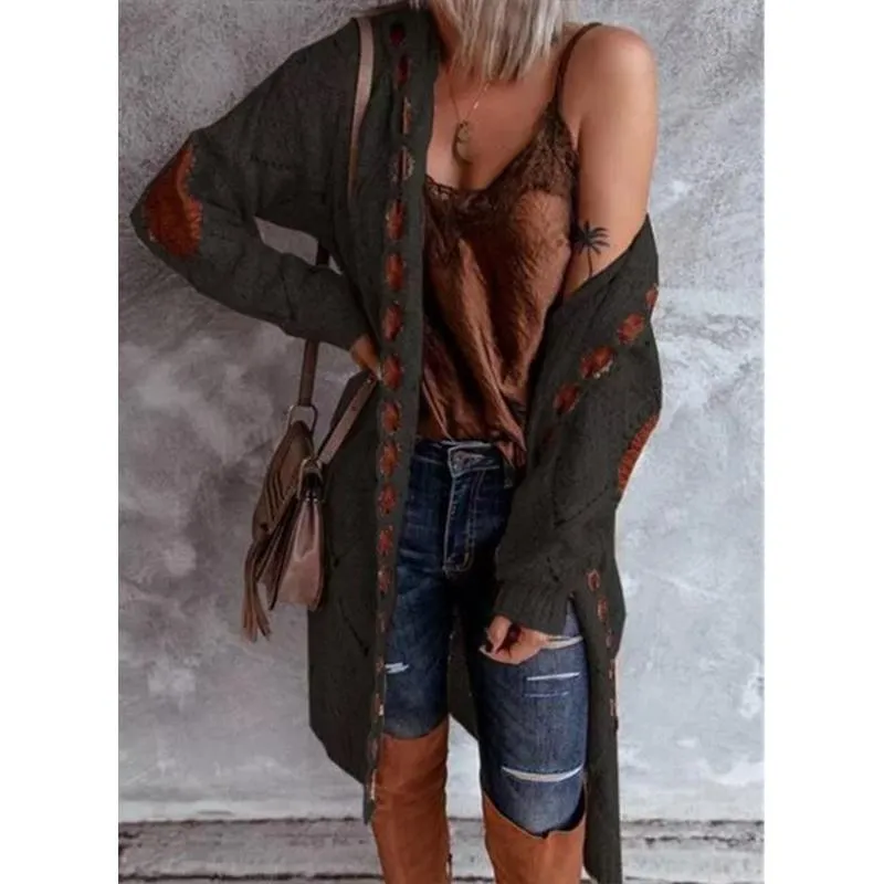 Women hooded patterned long sleeve knitted long cardigan