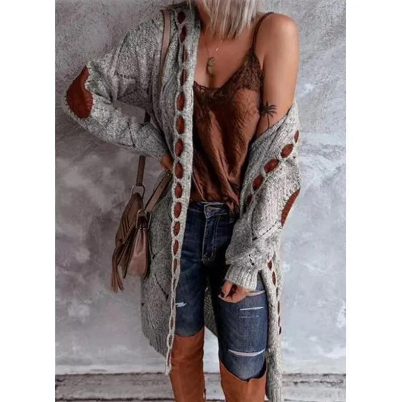 Women hooded patterned long sleeve knitted long cardigan