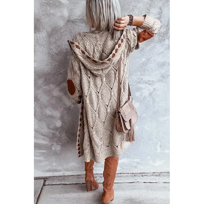 Women hooded patterned long sleeve knitted long cardigan