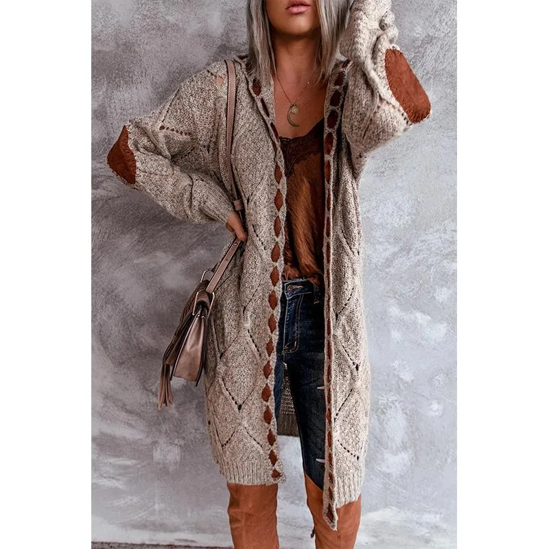 Women hooded patterned long sleeve knitted long cardigan