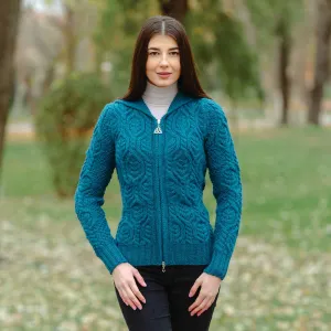 Women's Aran Knit Double Collar Zipped Cardigan, Teal