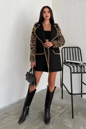 Women's Black Leopard Pattern Fur Belted Sleeve Embroidered Cashmere Coat