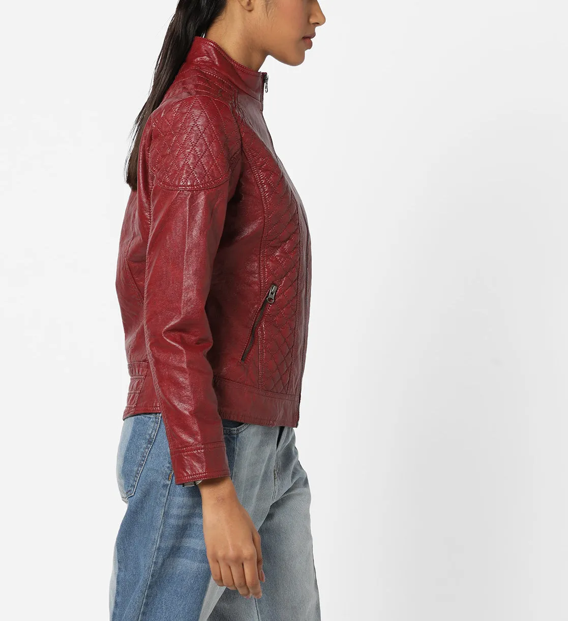 Women's Burgundy Leather Jacket with Quilted Design WJ064