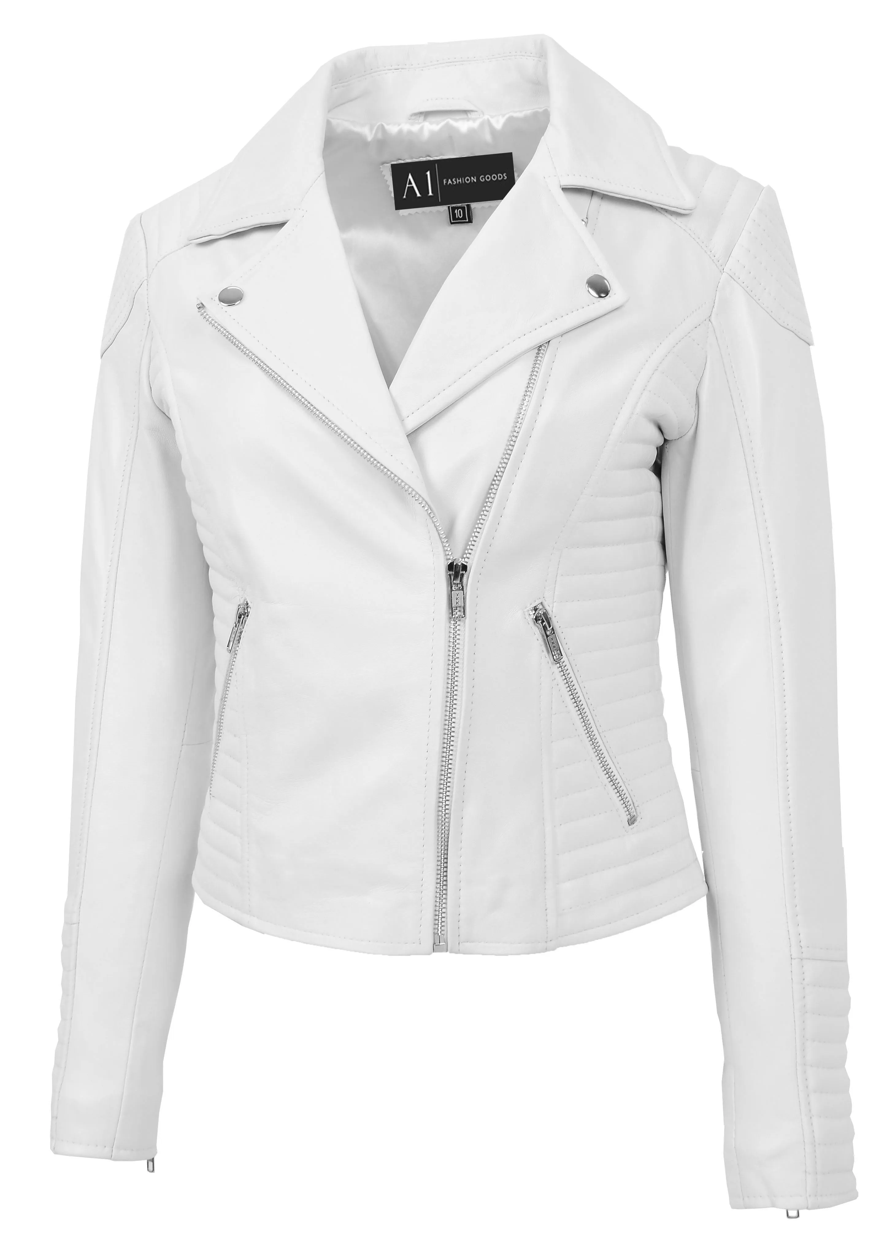 Womens Designer Leather Biker Jacket Fitted Quilted Bonita White