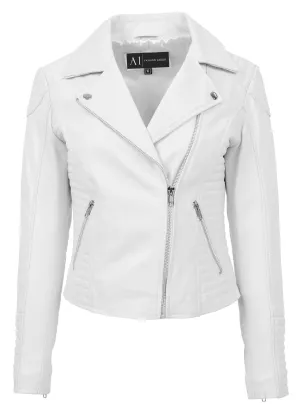 Womens Designer Leather Biker Jacket Fitted Quilted Bonita White