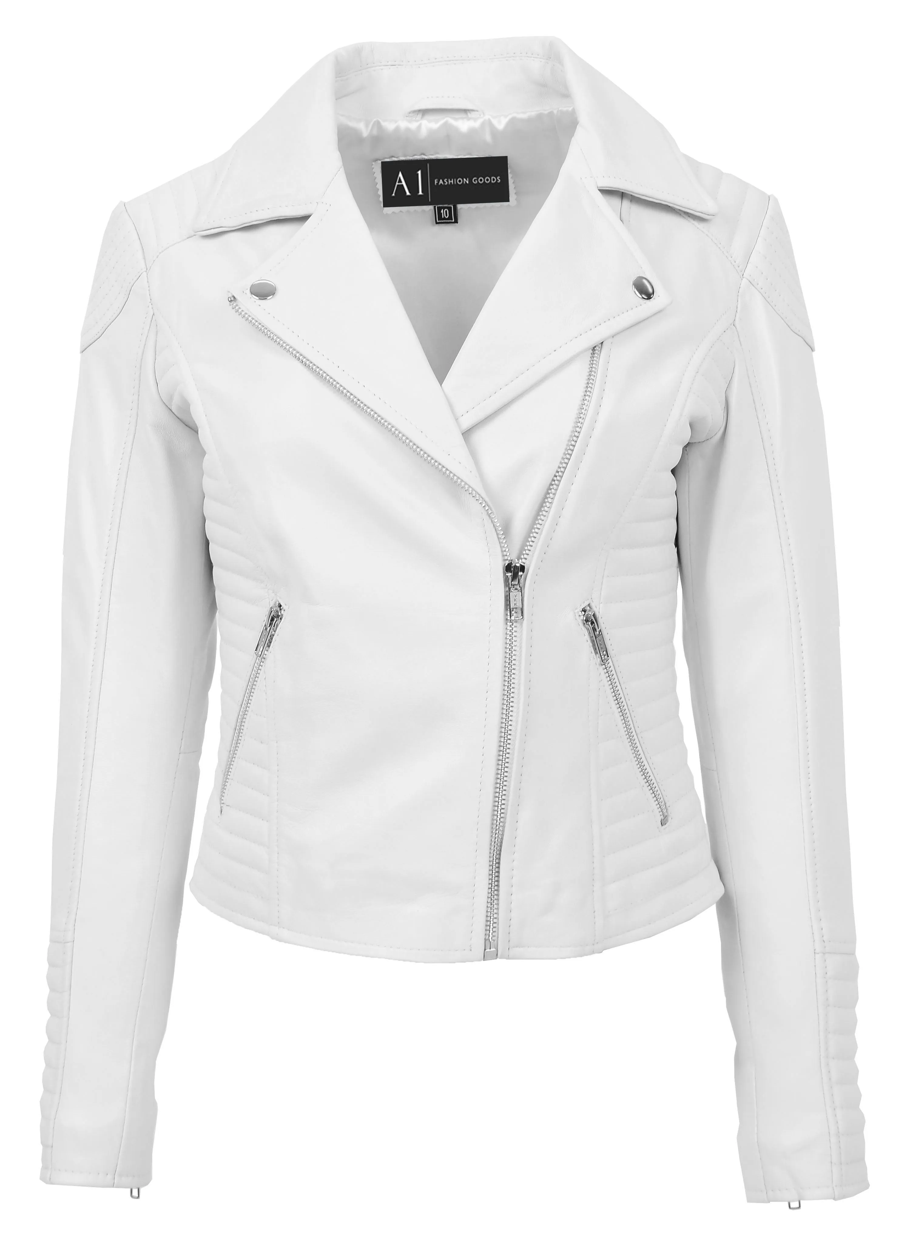 Womens Designer Leather Biker Jacket Fitted Quilted Bonita White