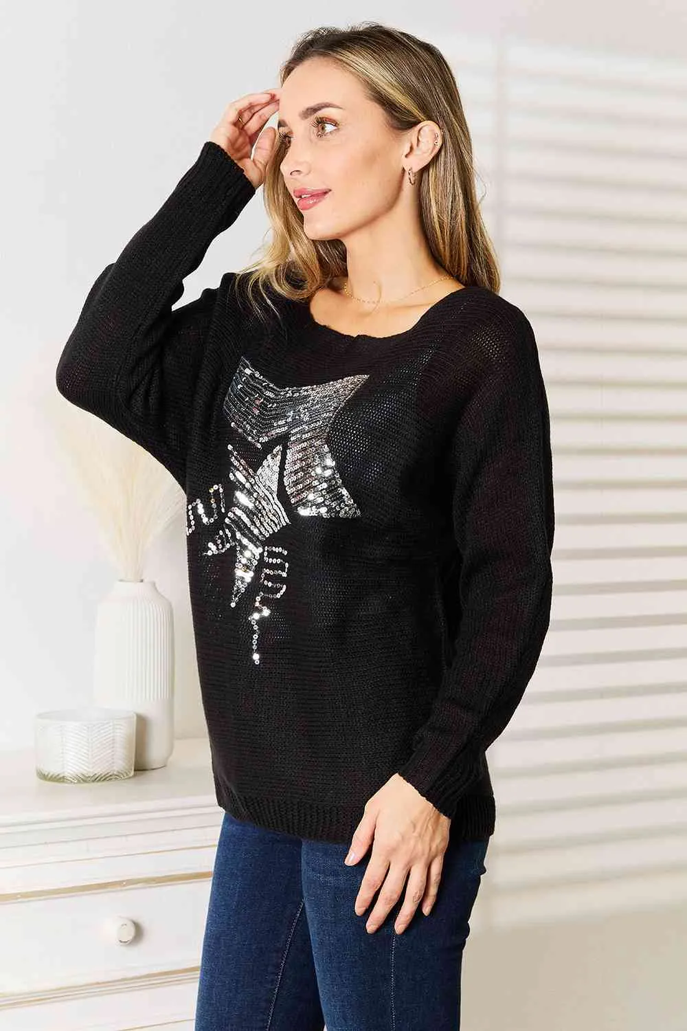 Women's Double Take Sequin Graphic Dolman Sleeve Knit Top