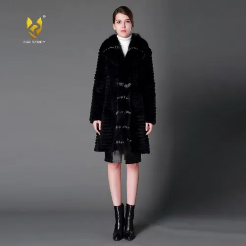 Women's Genuine Rabbit Fur Coat Genuine Fox Fur Collar Long Overcoat 15130