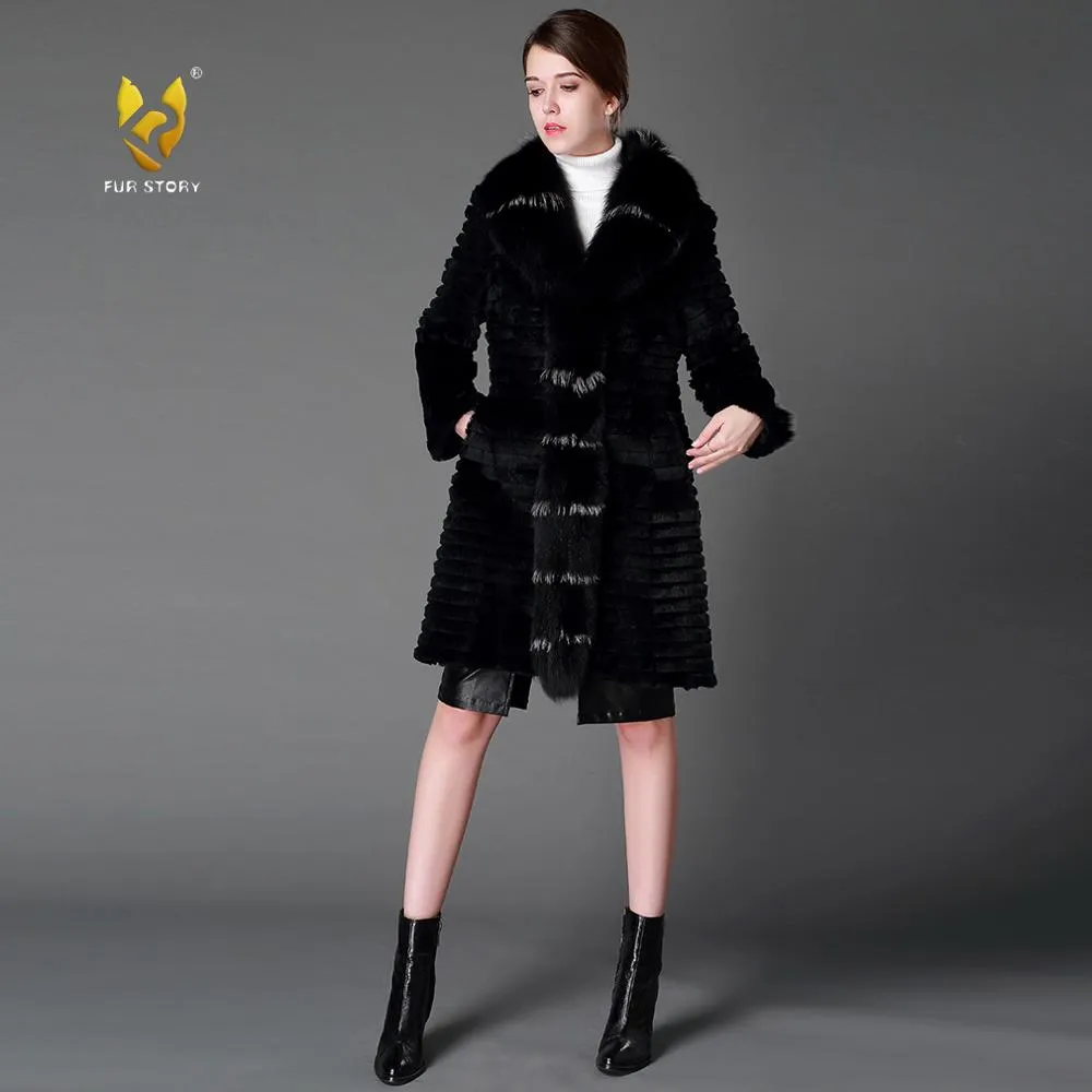 Women's Genuine Rabbit Fur Coat Genuine Fox Fur Collar Long Overcoat 15130