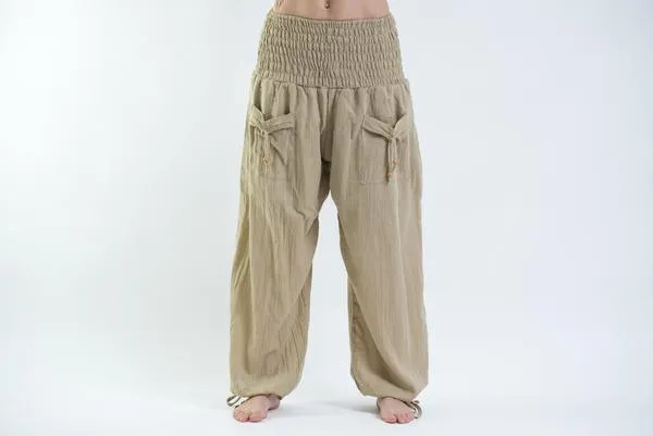 Womens Solid Color Smocked Waist Pants in Tan