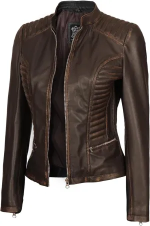 Women's Vintage Quilted Distressed Brown Leather Jacket WD05