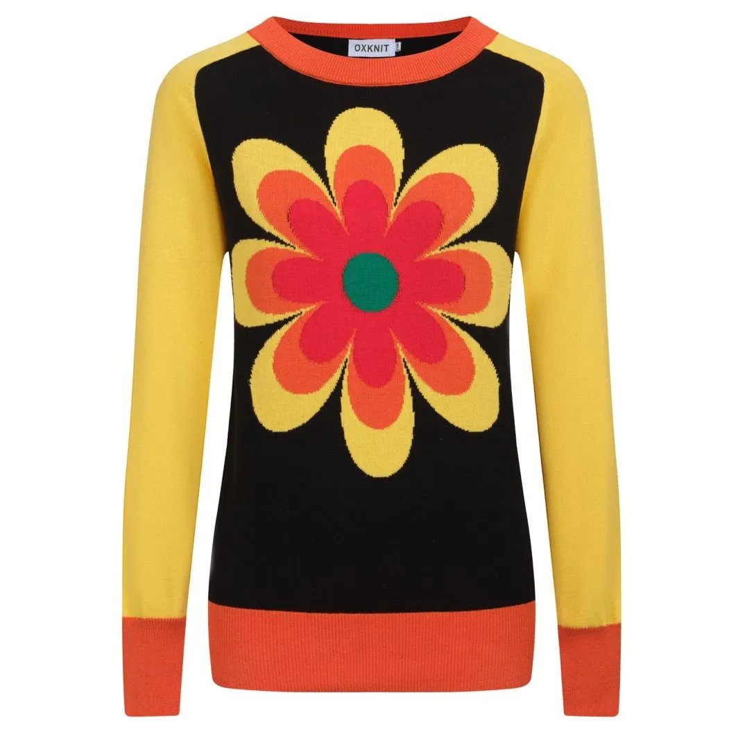 Women's yellow floral jacquard knit sweater