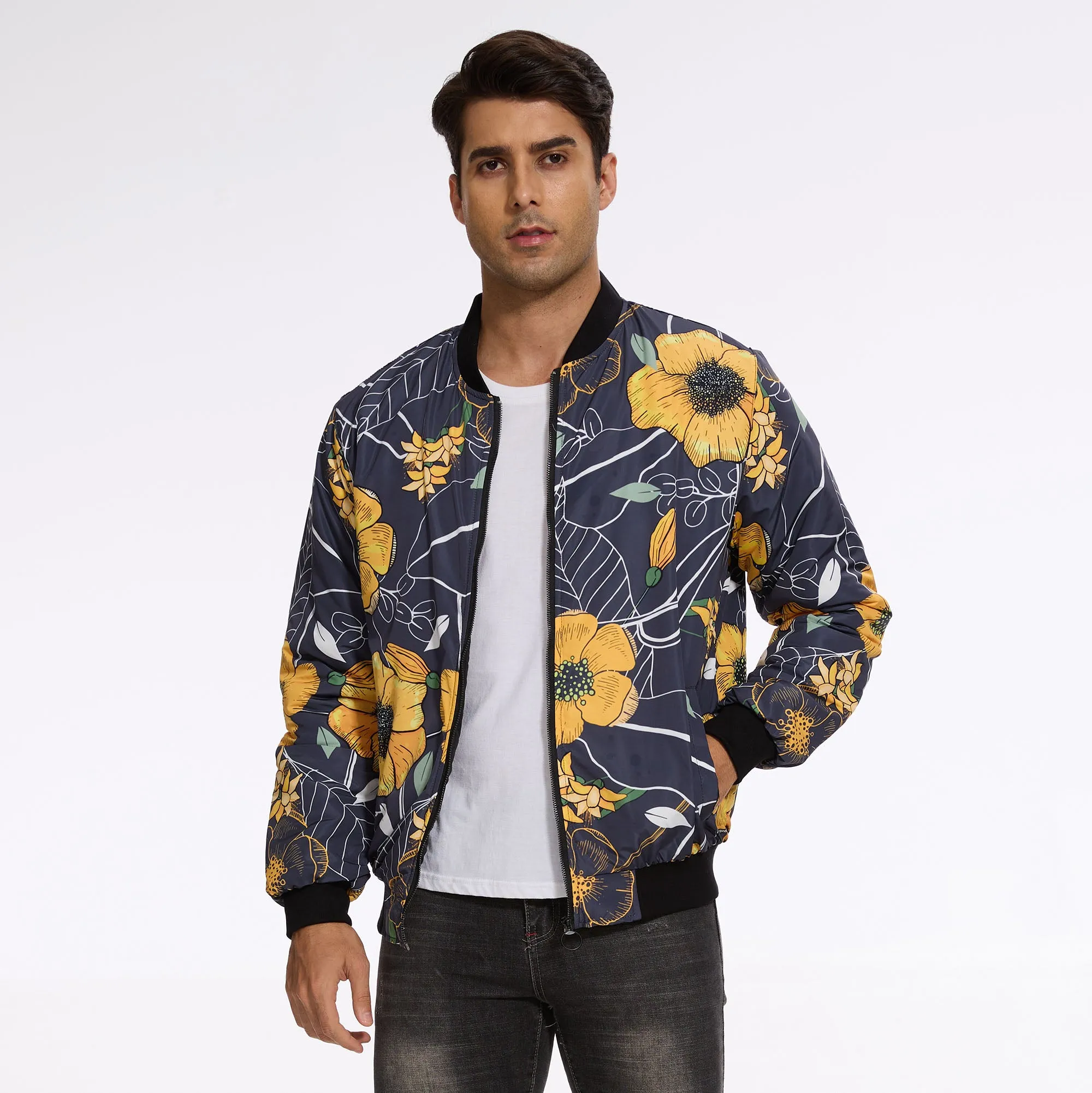 Yellow Floral Quilted Bomber Jacket