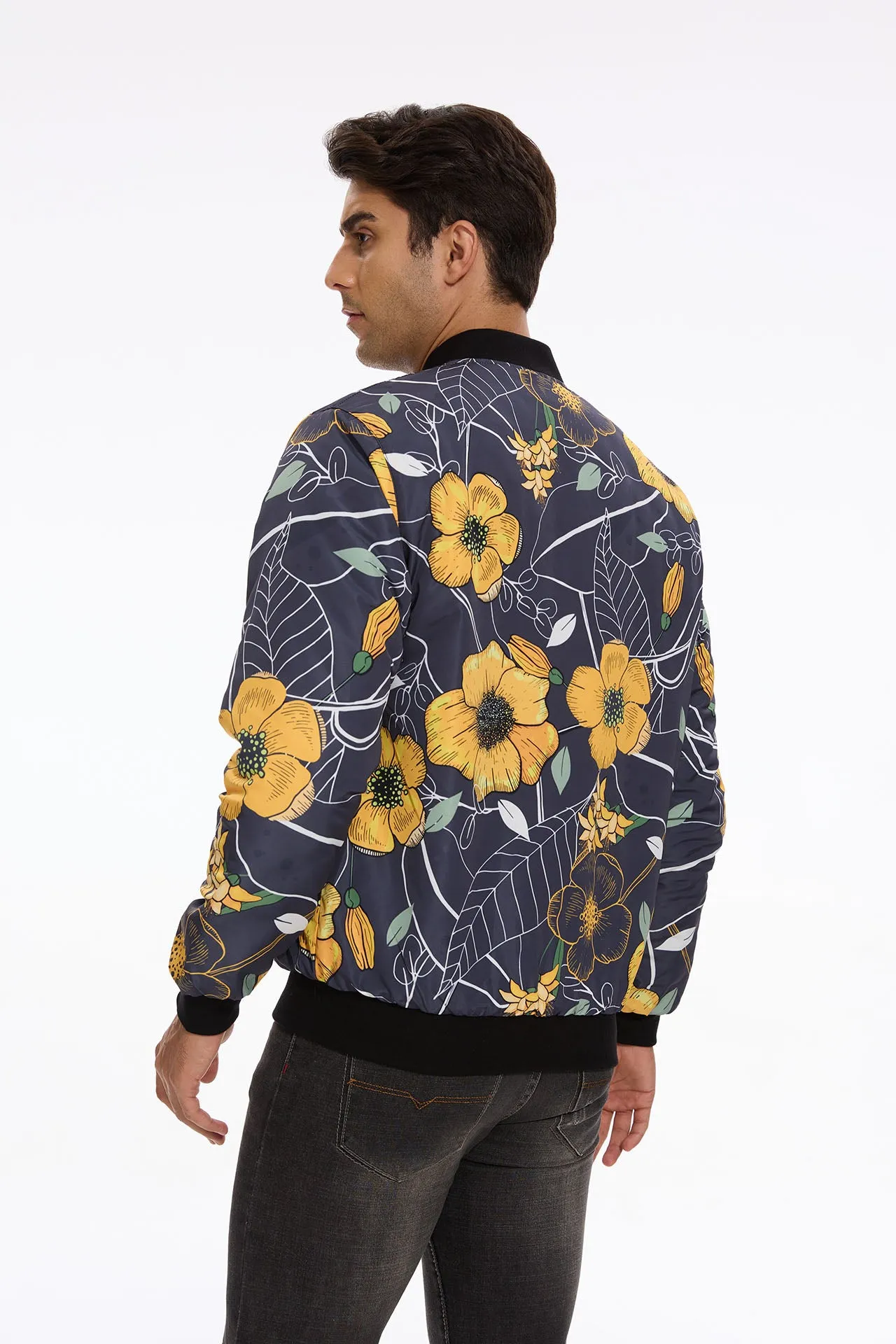 Yellow Floral Quilted Bomber Jacket