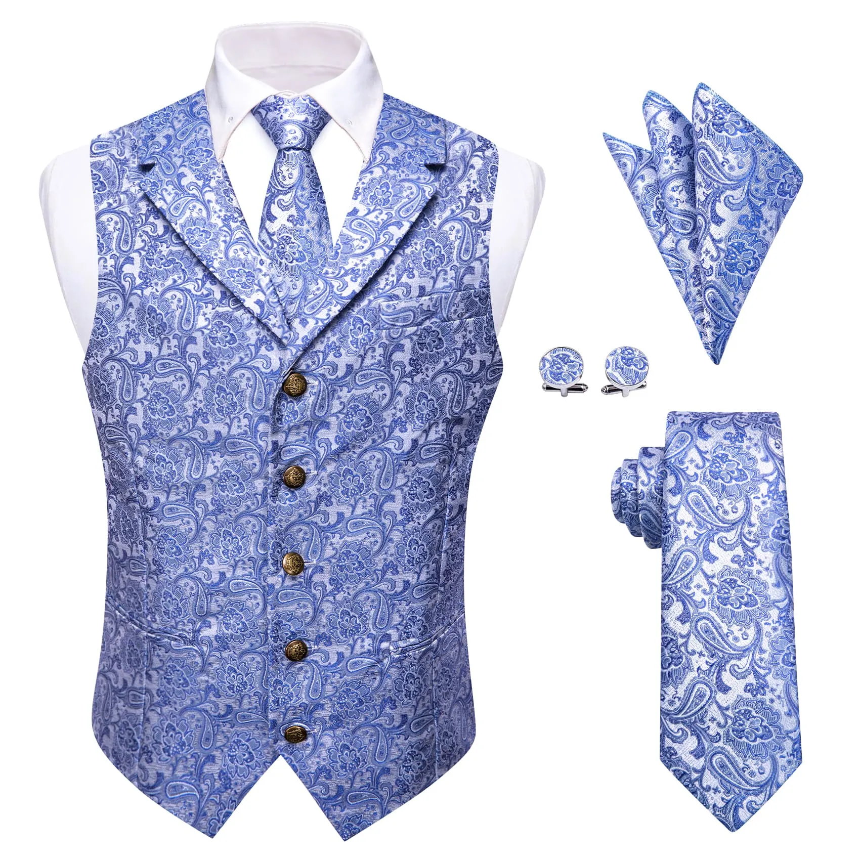 YourTies Sky Blue Waistcoat Silk Men's Paisley Wedding Vest Tie Set